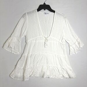 Blue Island Off White Swiss Dot Tiered Ruffle Peasant Top Bell Sleeve Med. Boho